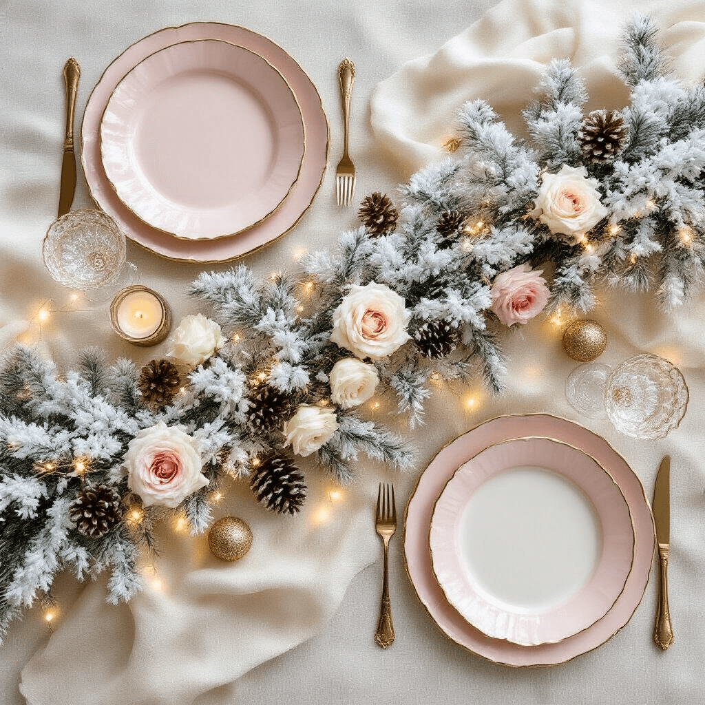 White Garland: Everything You Need to Transform Your Space This Season Overhead view of a luxurious winter-inspired dining table featuring a white flocked garland as a runner, embellished with soft blush and ivory plates, gold-rimmed glassware, and fairy lights. Decorated with roses, pinecones, and metallic candle holders on cream linen table linens.