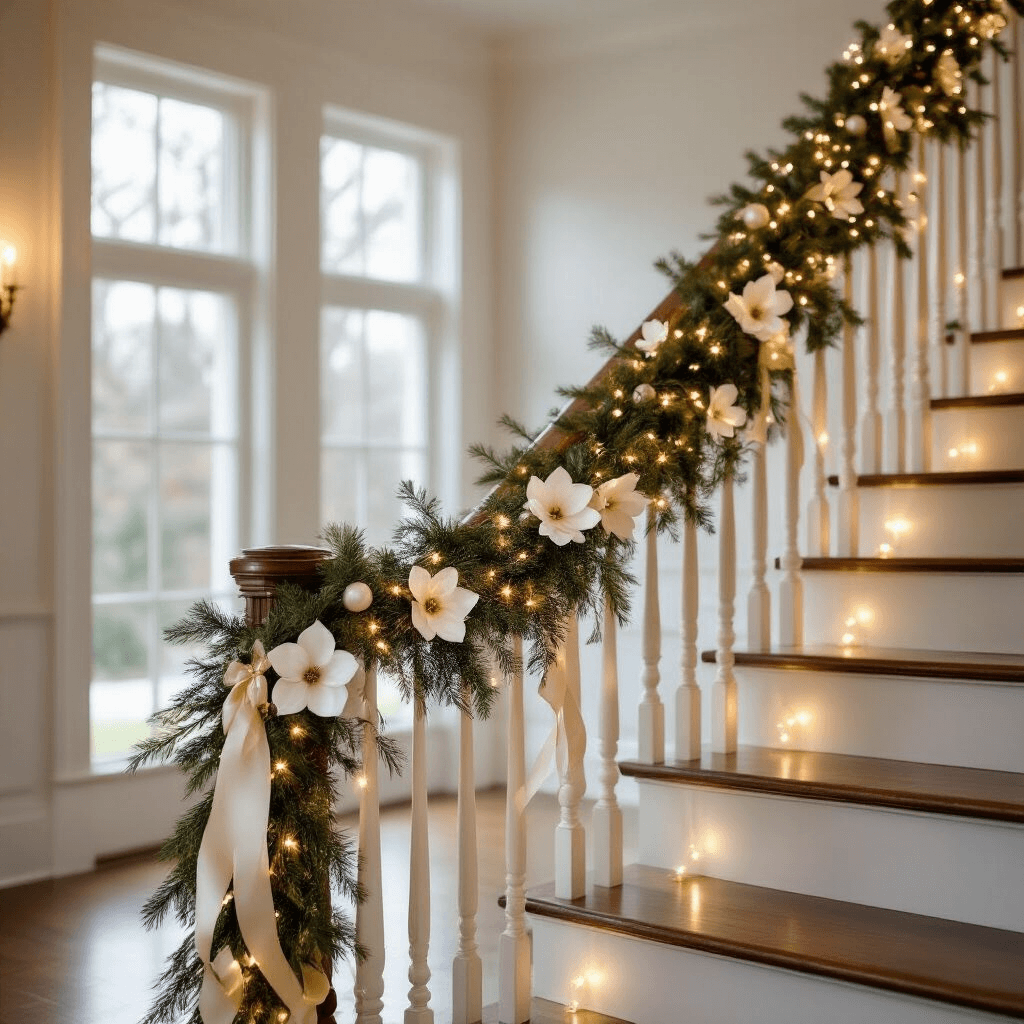 White Garland: Everything You Need to Transform Your Space This Season Cinematic staircase scene with a white beaded and magnolia garland draped over a wooden banister, illuminated by soft evening light, featuring varying lengths of white and gold ribbons, set in a high-ceiling entryway with white walls and natural wood floors, enhanced by subtle LED lights for a warm winter ambiance.