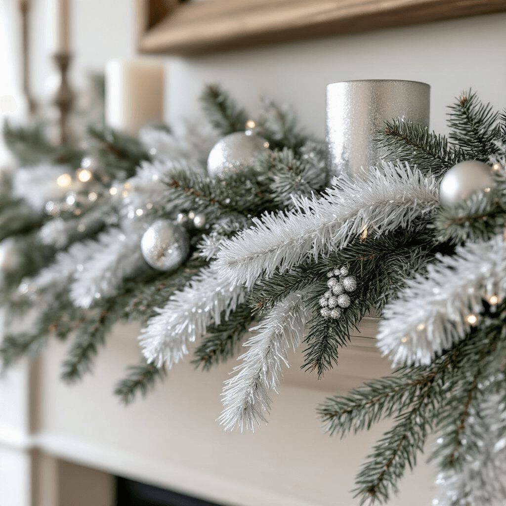 White Garland: Everything You Need to Transform Your Space This Season Detailed close-up of a white tinsel and pine mixed garland on a modern fireplace mantel, featuring Scandinavian-inspired decor with natural wood elements, silver candleholders, and geometric ornaments, all bathed in soft, diffused natural light.