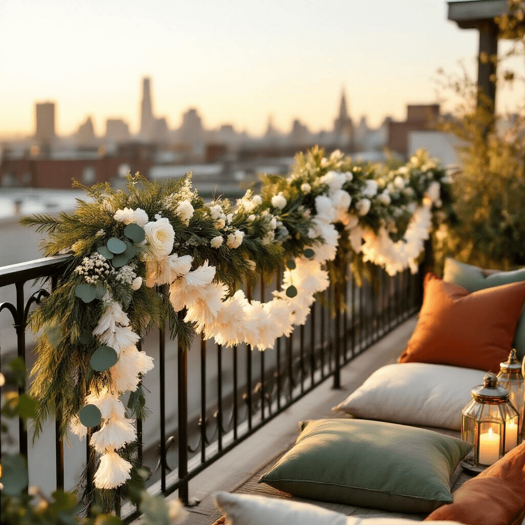 White Garland: Everything You Need to Transform Your Space This Season Rooftop terrace adorned with a bohemian white garland across a wrought iron railing, warm golden hour lighting, terracotta and sage green cushions, glass hurricane lanterns with candles, and an urban skyline in the background.