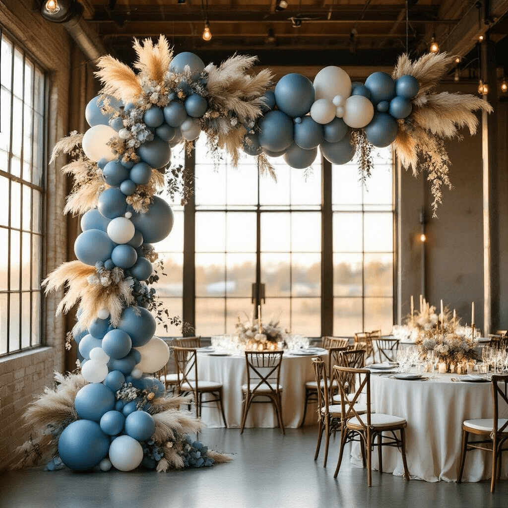 Dusty Blue Balloon Garland: Your Complete Guide to Creating Instagram-Worthy Event Decor An elegant wedding reception scene featuring a dramatic, asymmetrical dusty blue balloon garland cascading from a high ceiling, accented with pampas grass and eucalyptus. Warm golden hour light filters through tall windows, illuminating round tables with ivory linens and gold-rimmed glassware, enhanced by soft candle centerpieces.