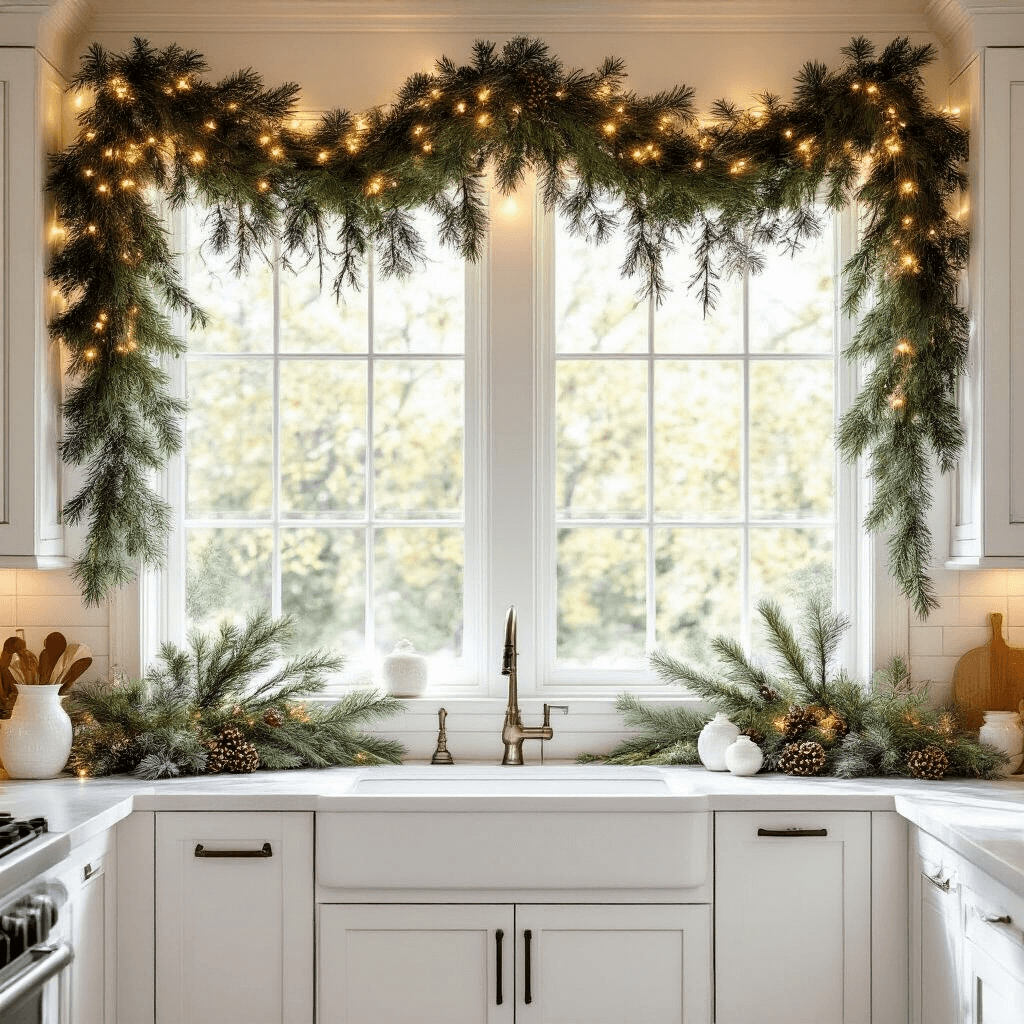 How to Style Garland Above Kitchen Cabinets Like a Pro A beautifully decorated kitchen featuring white shaker cabinets adorned with a garland of rich pine branches, eucalyptus, and berry accents, illuminated by warm fairy lights, all highlighted by golden hour sunlight through large windows.
