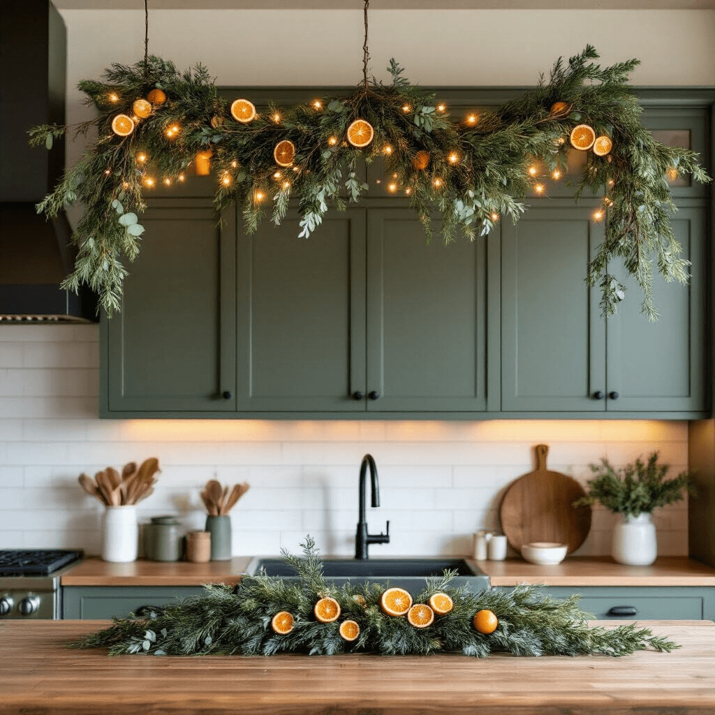 How to Style Garland Above Kitchen Cabinets Like a Pro Overhead shot of a modern farmhouse kitchen showcasing a professionally styled garland of pine, eucalyptus, and dried orange slices draped over dark sage green cabinets, accented by warm white LED lights, rustic wooden countertops, and matte black hardware.