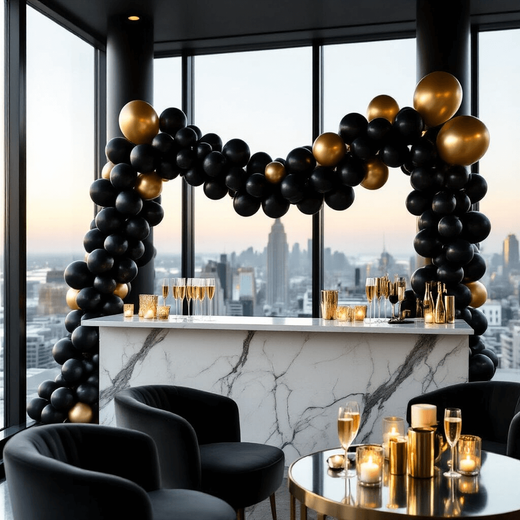 Black Balloon Garlands: Everything You Need to Create Stunning Event Decor A luxurious New Year's Eve party setup featuring a black balloon garland over a white marble bar, gold balloons, soft candlelight, champagne coupes, and gold-rimmed glassware, alongside deep charcoal gray velvet lounge chairs and a city skyline view through floor-to-ceiling windows, all captured in a cinematic overhead shot.