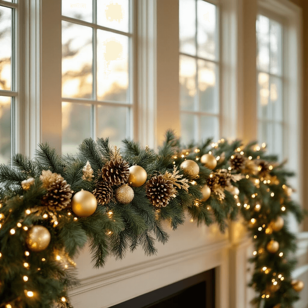 Your Complete Guide to Christmas Garlands: Everything You Need to Know A beautifully decorated holiday mantel featuring a lush, pre-lit artificial PE garland with gold ornaments and pinecones, illuminated by golden hour light streaming through large windows, creating a warm festive atmosphere in a soft cream and gold color palette.