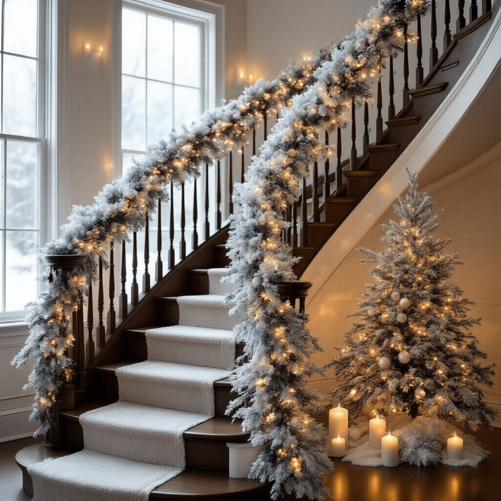 Your Complete Guide to Christmas Garlands: Everything You Need to Know A grand staircase adorned with a flocked white garland featuring silver glitter, illuminated by warm white string lights, creates a magical winter wonderland. Soft morning light casts shadows and highlights on the snow-like texture.