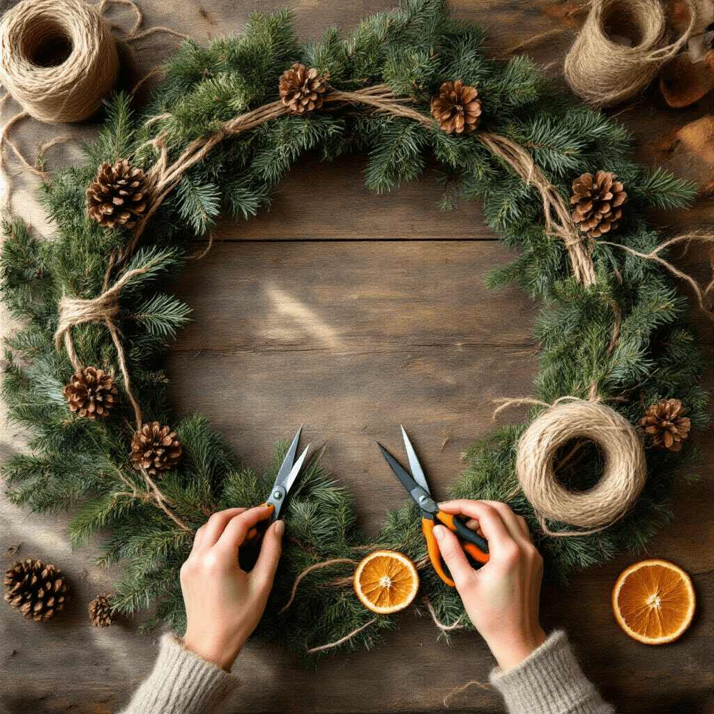 The Complete Guide to Doorway Garlands That'll Make Your Neighbors Jealous Overhead view of a rustic wooden workspace with hands arranging foliage bundles for a doorway garland, surrounded by fresh pine branches, jute twine, floral wire, and pruning shears, with scattered pinecones and dried orange slices in sunlight.