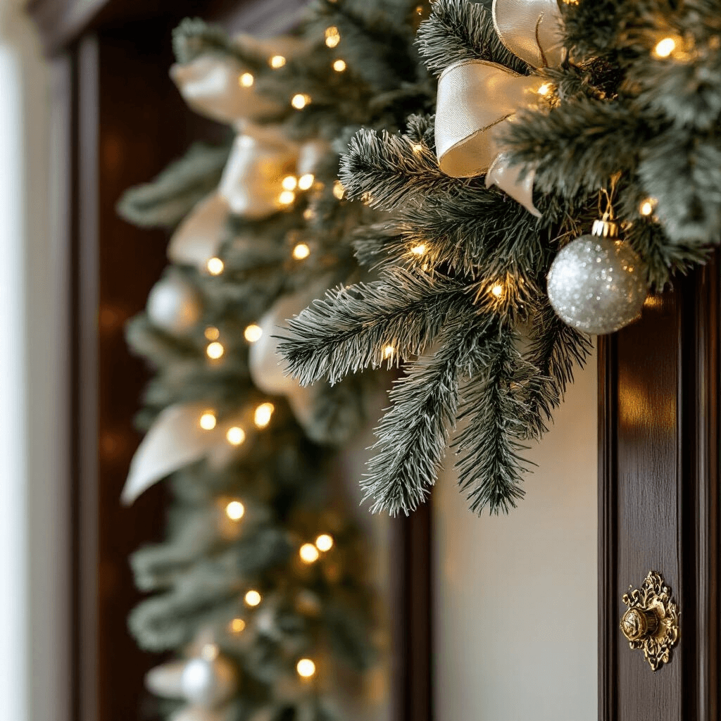 The Complete Guide to Doorway Garlands That'll Make Your Neighbors Jealous Ultra-detailed close-up of a pre-lit artificial garland with realistic branch tips and warm white LED lights, mounted on a dark wood door frame, featuring ornamental silver baubles and champagne-colored ribbons, captured in soft diffused lighting.