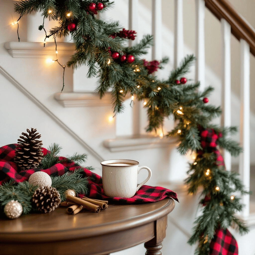 How to Make a Rag Garland That Actually Looks Good (Not Like a Craft Fail) An intimate Christmas setting featuring a white-painted stair railing draped with a rag garland and battery-operated string lights, surrounded by warm candlelight. The scene includes fabric strips in red buffalo check, cream, and forest green, with pine cone and cinnamon stick decorations nearby. A vintage wooden side table holds a ceramic mug of hot cocoa, evoking a cozy holiday atmosphere.