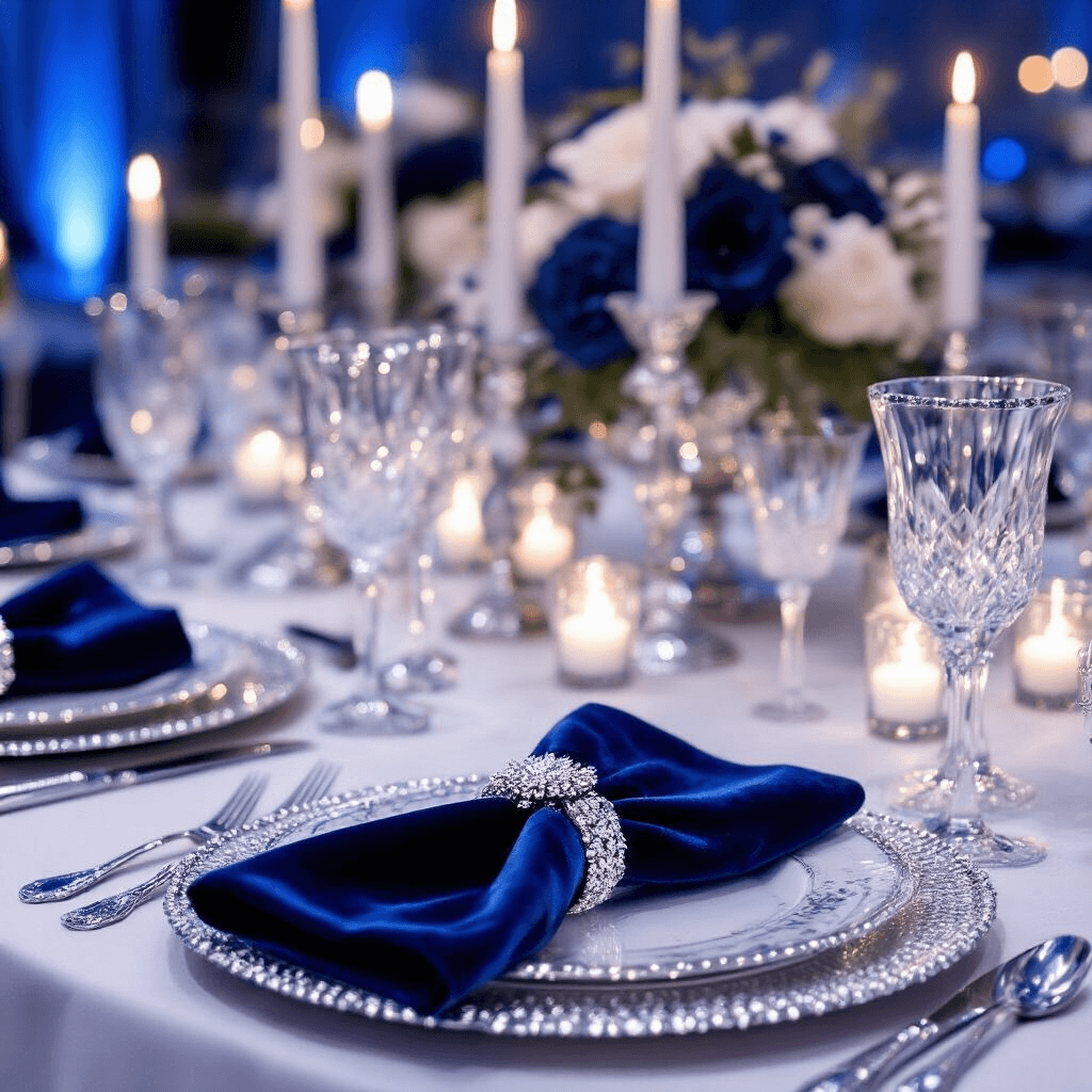 Wedding Napkin Rings That'll Make Your Guests Actually Notice Your Table Settings An elegant winter wedding tablescape featuring deep navy blue velvet napkins held by crystal-studded silver napkin rings, a crisp white tablecloth, rhinestone-accented charger plates, tall tapered candles in silver holders, and luxurious crystal and mercury glass centerpieces under soft blue mood lighting.