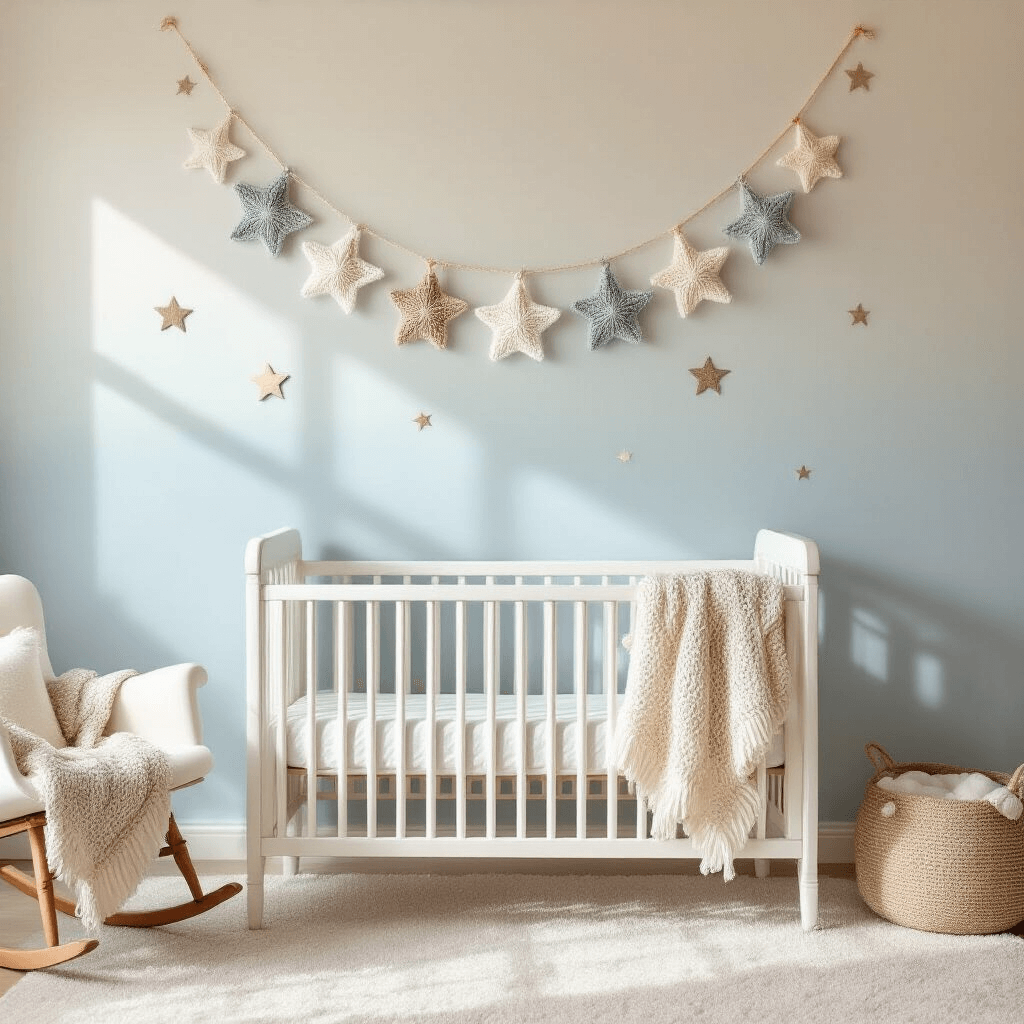 How to Make a Crochet Star Garland That'll Make Your Space Look Magical (Without Losing Your Mind) An intimate nursery featuring a minimalist white wooden crib beneath a whimsical crochet star garland, with a soft ombré wall gradient from pale blue to cream and gentle star shadows. The scene includes a plush neutral carpet, a vintage rocking chair with a knitted throw, and warm afternoon sunlight.