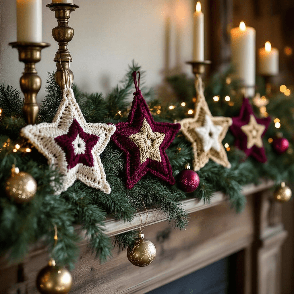 How to Make a Crochet Star Garland That'll Make Your Space Look Magical (Without Losing Your Mind) A beautifully decorated holiday mantel featuring a luxurious crochet star garland in metallic and jewel tones, antique brass candlesticks, evergreen garlands, and twinkling fairy lights, with deep burgundy, forest green, and gold yarn stars creating a stunning 3D display against a rustic wooden surface, illuminated by soft candlelight and ambient evening lighting.