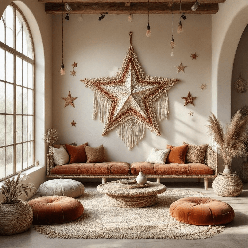 How to Make a Crochet Star Garland That'll Make Your Space Look Magical (Without Losing Your Mind) A modern bohemian living room with a crochet star garland on the wall, large windows letting in soft morning light, earthy terracotta, sage, and cream tones, layered textures including a macramé wall hanging and velvet floor cushions, and dramatic overhead lighting casting shadows on the star shapes.