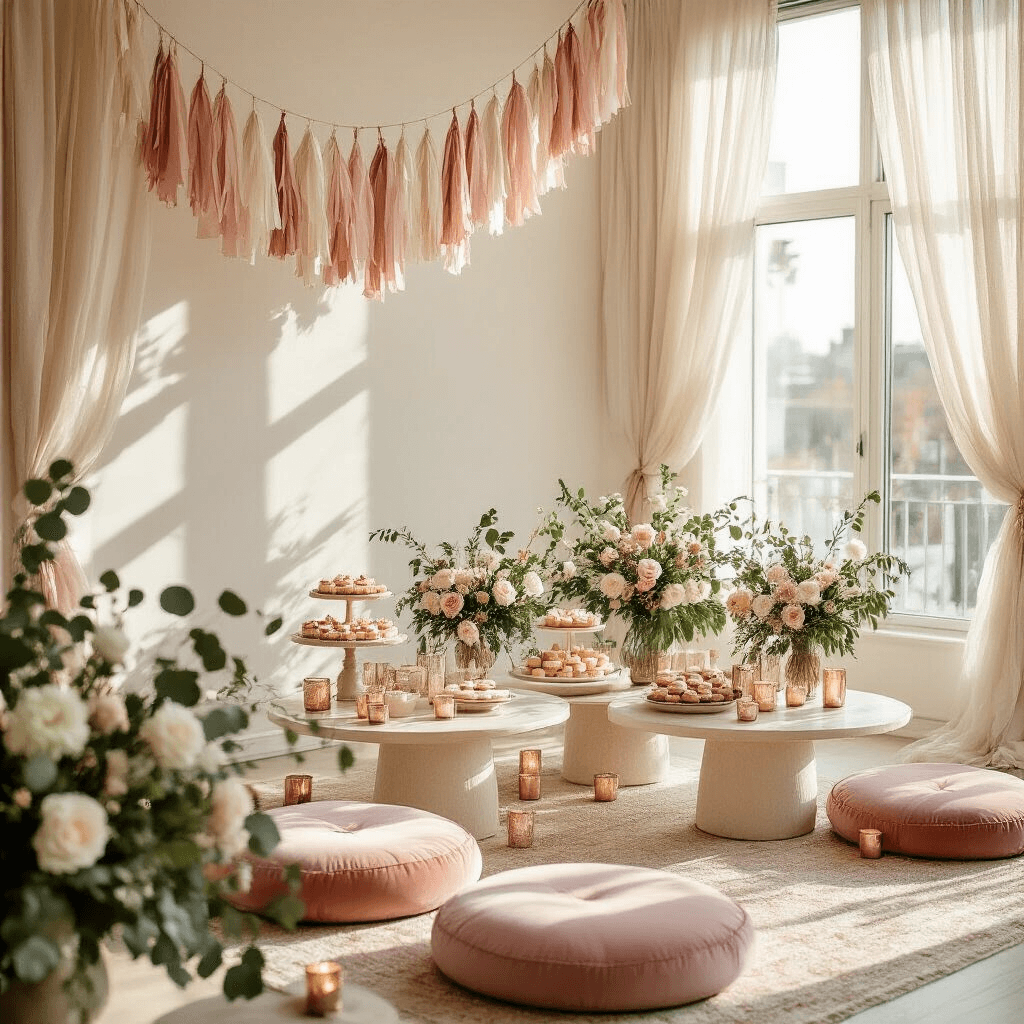 Wide-angle shot of a boho chic bridal shower in a sunlit apartment, featuring tissue paper tassel garlands, vintage cake stands with pastries, blush pink cushions, and organic floral centerpieces, all bathed in warm golden hour light.