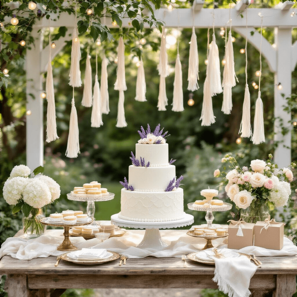 Elegant outdoor garden party dessert table featuring a three-tiered white fondant cake with lavender, vintage glass cake stands, gold and ivory yarn tassel garlands, silk table runners, and romantic floral arrangements in mercury glass vessels, all bathed in soft morning light.