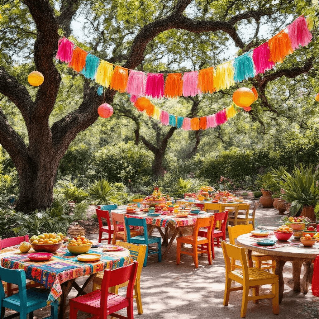 Close-up of a vibrant children's birthday fiesta in a sunny backyard, featuring colorful tassel garlands, picnic tables with Mexican blankets, ceramic bowls of fruit, papel picado flags, mismatched wooden chairs, succulent planters, and festive decorations including pinatas and a 'Feliz Cumpleanos' sign.