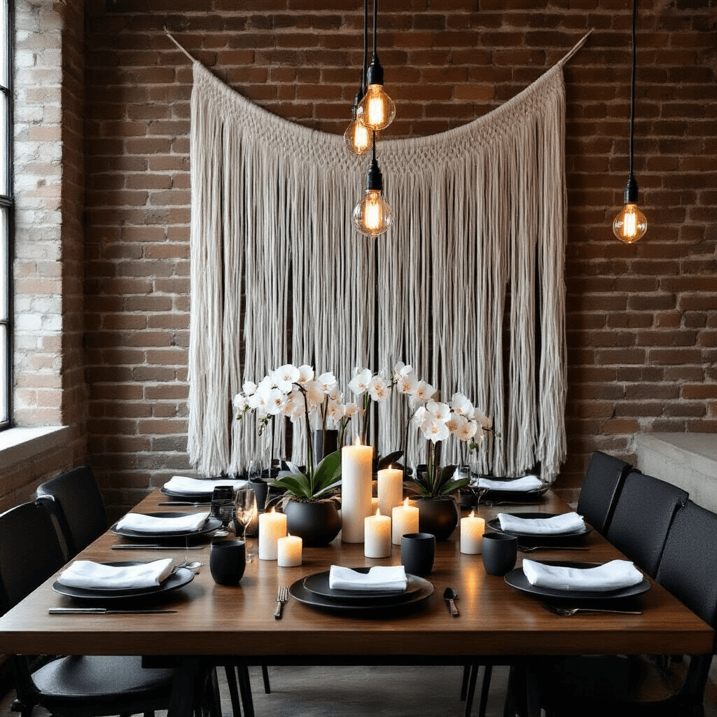 Intimate candlelit dinner party in a cozy nook with exposed brick walls, featuring a dark walnut table set for eight, decorated with minimalist yarn garlands, black ceramic plates, white linen napkins, pillar candles, and white orchids in geometric planters, illuminated by industrial pendant lights.