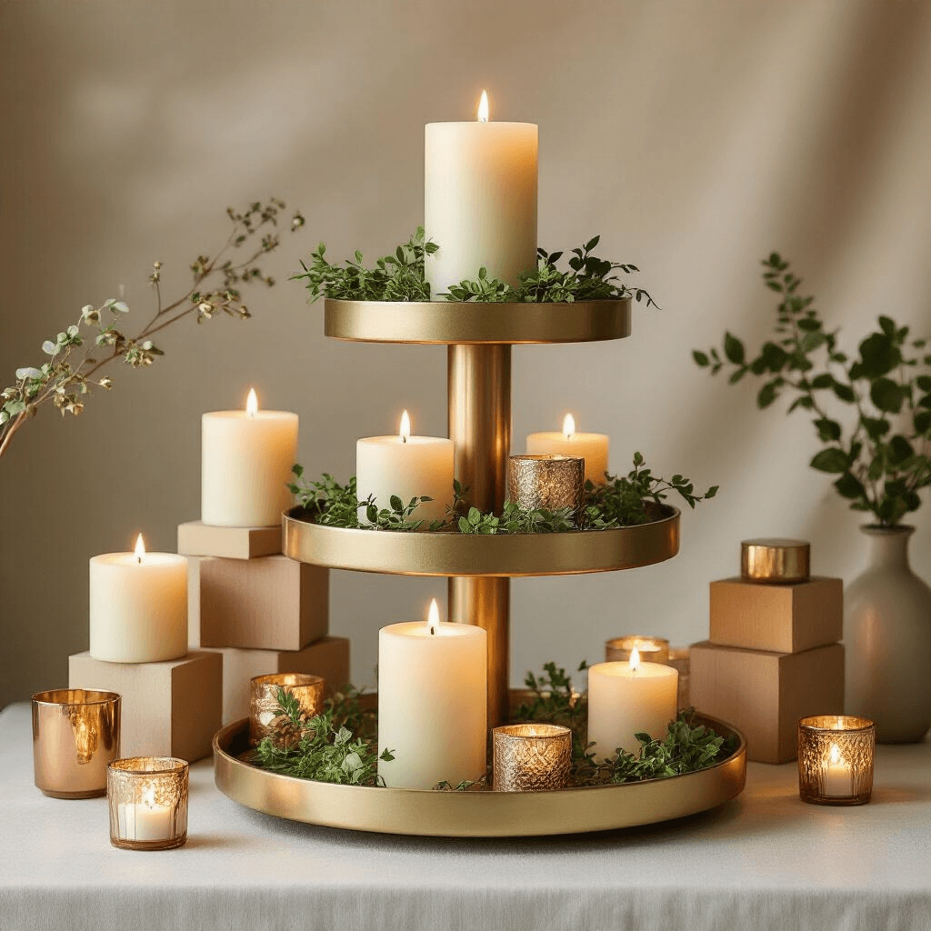 27 Stunning Centerpiece Ideas That'll Make Your Table the Talk of Every Dinner Party An artistic flat lay featuring a multi-tiered metallic gold tray with varying heights of pillar candles, geometric Jenga block arrangements, and small greenery accents, enhanced by delicate votive candles and soft ambient lighting, set against a neutral linen background.