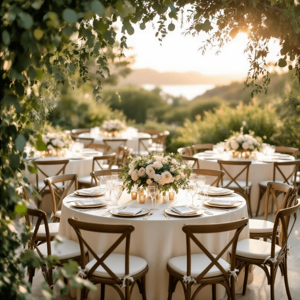 Aerial view of a luxurious summer wedding reception in a coastal garden, featuring round tables with ivory linens, blush and sage floral centerpieces, eucalyptus garlands, and soft candlelight, complemented by powder blue bridesmaid dresses and rose gold accents.