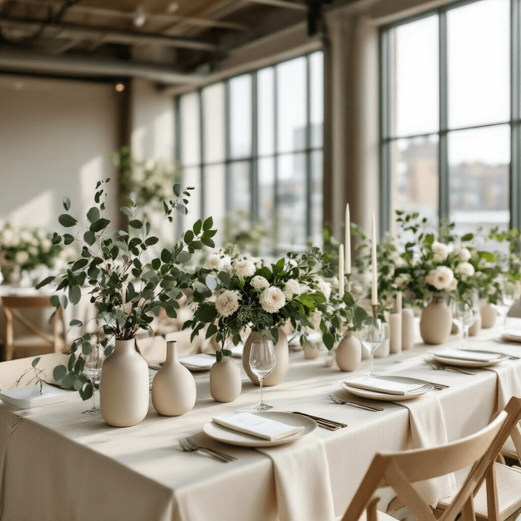 An elegant minimalist wedding setup in a modern loft, featuring white, beige, and varied greens with floor-to-ceiling windows, varied greenery arrangements in neutral vases, minimalist place settings, and soft natural light.