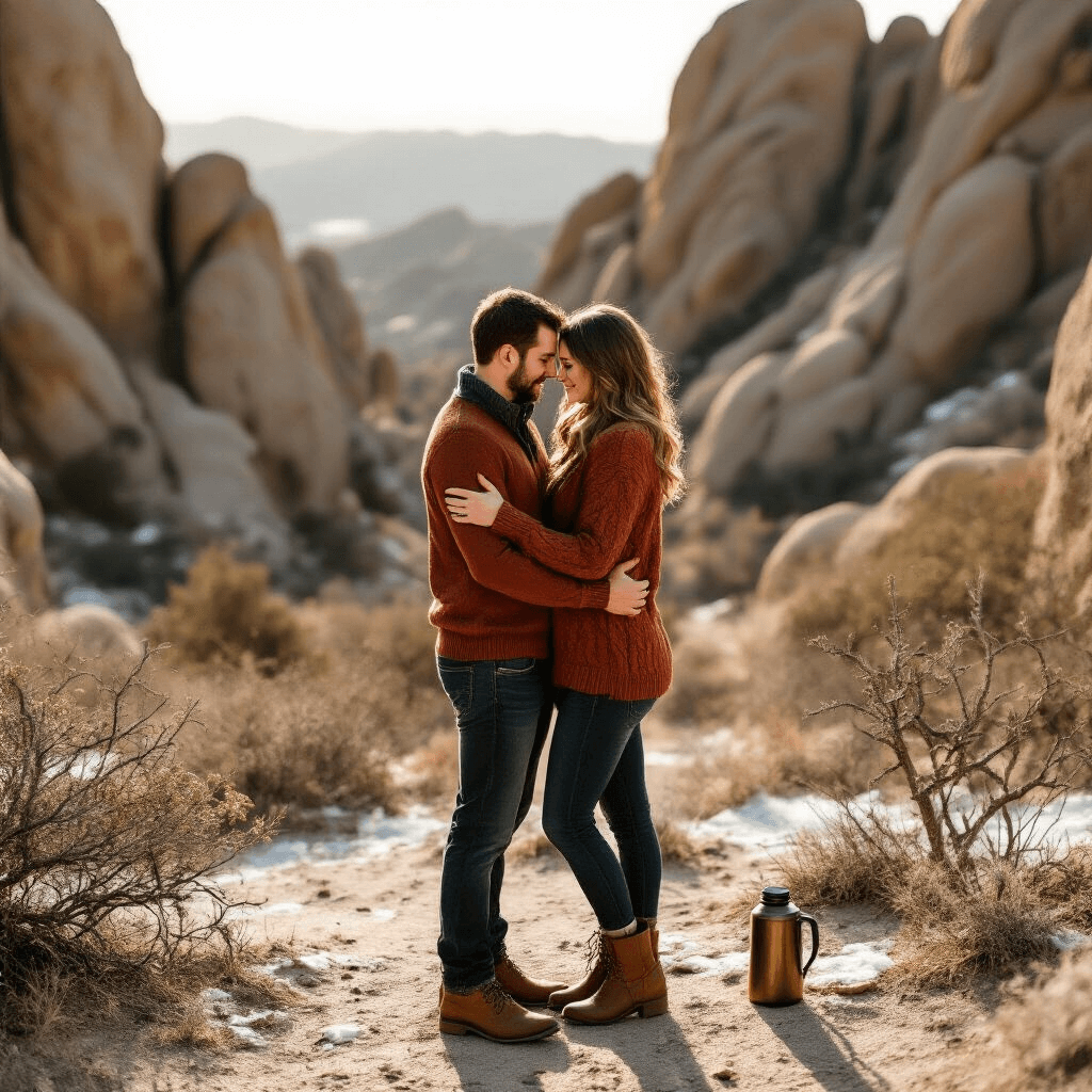 Winter Engagement Photos: How to Create Magical Images in the Cold Season A couple embraces at Vasquez Rocks in Southern California during a dramatic winter engagement shoot, surrounded by iconic geological formations bathed in late afternoon golden light, with a vintage thermos nearby and their warm, earth-toned outfits contrasting against the cool-toned landscape.