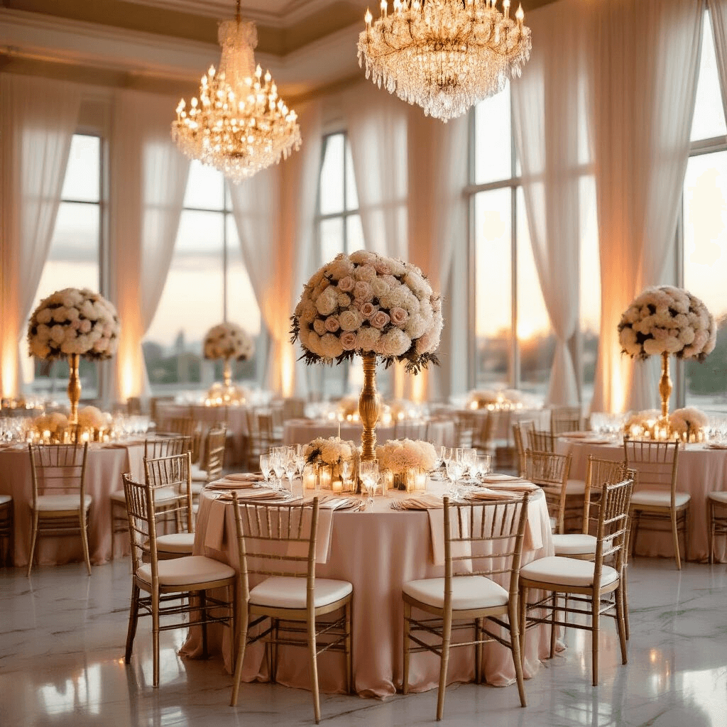 Elegant indoor ballroom at golden hour, featuring round tables with blush pink linens, crystal chandeliers, towering floral centerpieces, champagne gold Chiavari chairs, and soft candlelight reflecting on a marble floor.