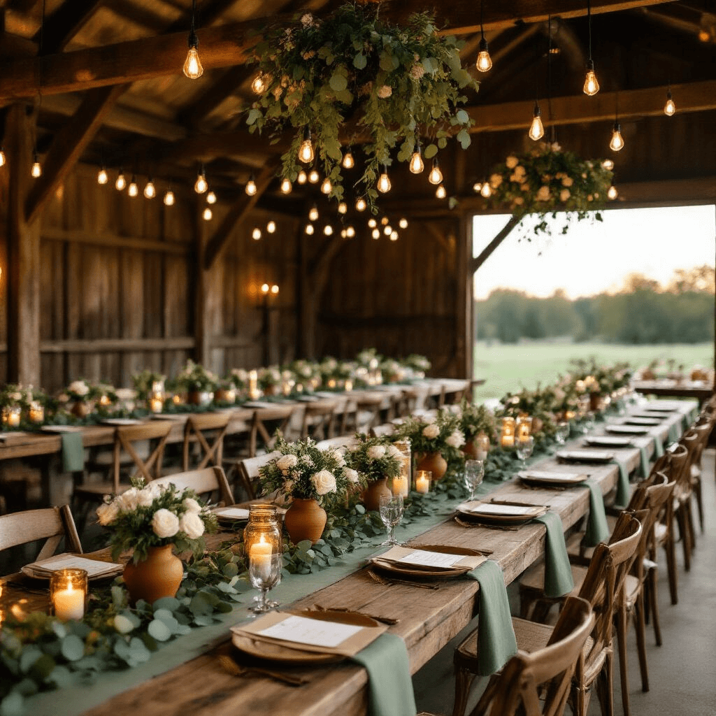 Overhead flat lay of a candlelit rustic barn wedding reception featuring long reclaimed wood tables adorned with sage green linen runners, wild eucalyptus garlands, terracotta pottery, and white garden roses, illuminated by Edison bulb string lights and amber pillar candles, with vintage brass charger plates, kraft paper menus, burlap chair sashes, and mason jar centerpieces filled with baby's breath.
