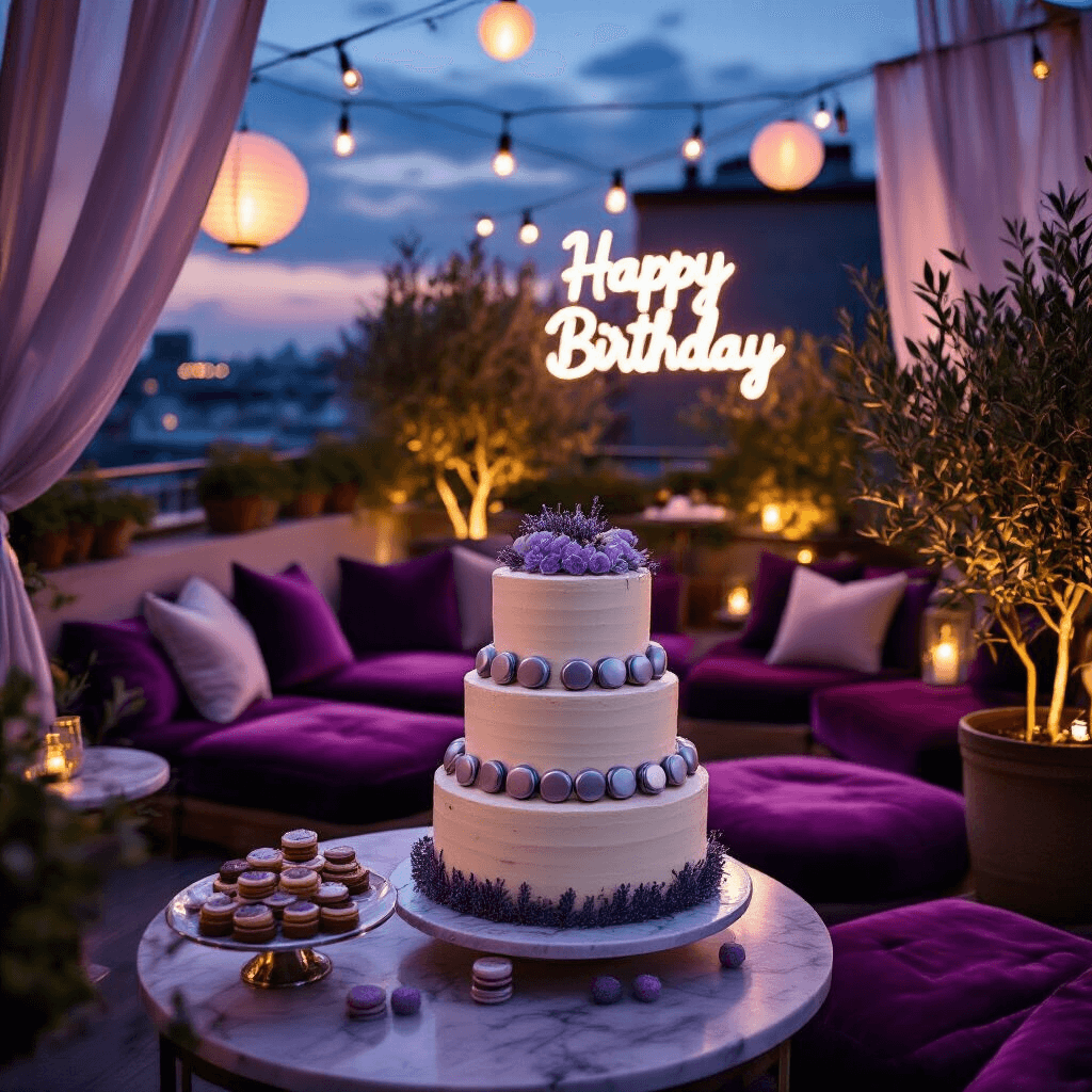 Close-up of a cozy rooftop terrace birthday celebration at night, featuring a three-tier vanilla cake with lavender and silver macarons on a dessert cart. Velvet cushions in deep purple and silver surround low lounge tables. Illuminated by string lights and lavender paper lanterns, the scene includes marble cake stands with petit fours and chocolate truffles, framed by silver balloons and a neon 'Happy Birthday' sign, with sheer curtains billowing in the breeze.