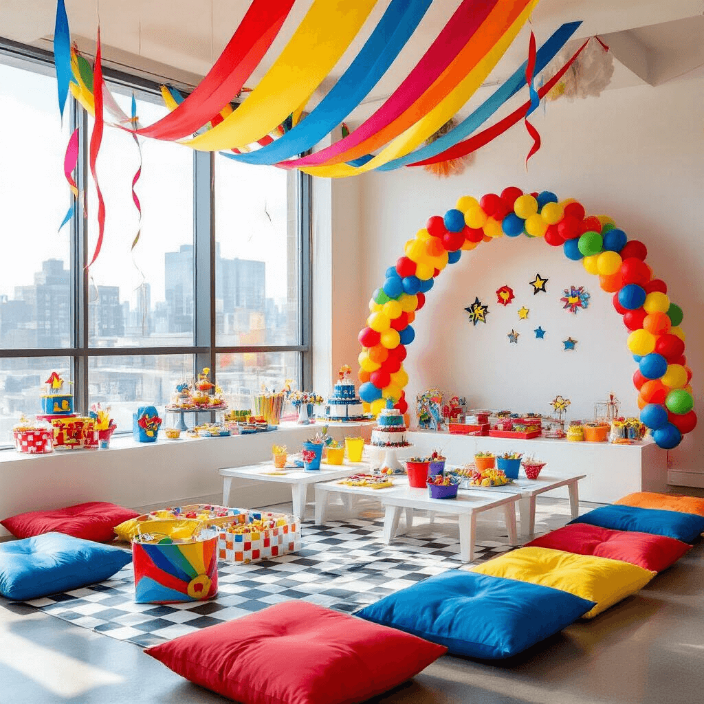 A vibrant children's party in a modern apartment, featuring floor-to-ceiling windows, colorful streamers, balloon arches, a superhero-themed cake on low white tables, playful dishware, oversized floor pillows, and whimsical decorations.