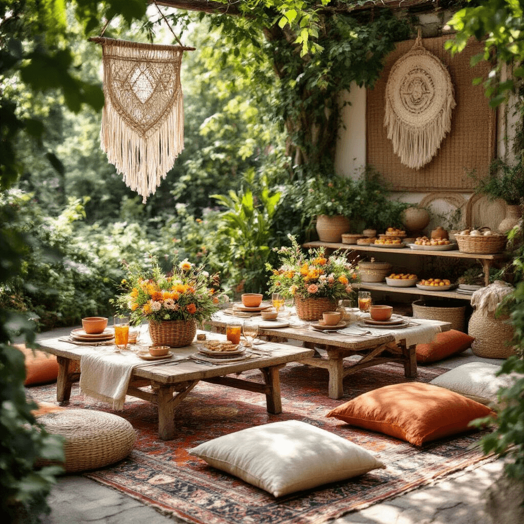 An intimate garden brunch setting featuring low picnic-style tables on vintage Persian rugs, adorned with terracotta and cream linens, woven basket centerpieces with wildflowers, ceramic dishware, copper flatware, and amber glassware, surrounded by lush greenery and bohemian decor including macrame hangings and wooden signs, with tiered cake stands of fresh fruit tarts and pastries, and scattered floor cushions in rust and sage.