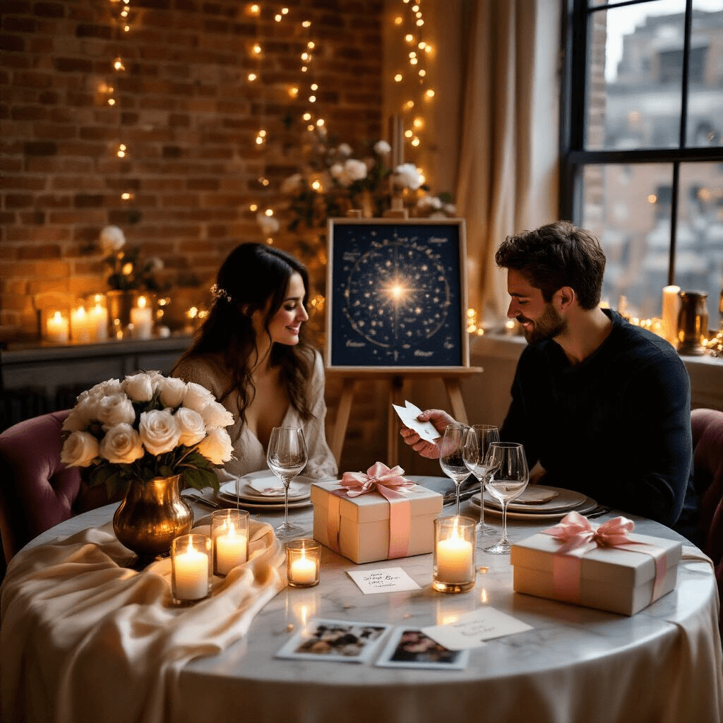 The Ultimate Guide to Couple Gifts That Actually Matter (And Won't End Up in a Drawer) A romantic indoor dining setup for a couple, featuring a round table draped in cream silk linens, candlelight illuminating handwritten love notes, custom wine glasses, and beautifully wrapped gifts with blush pink ribbons, surrounded by fresh white roses and delicate fairy lights, all set against vintage brass and exposed brick elements.