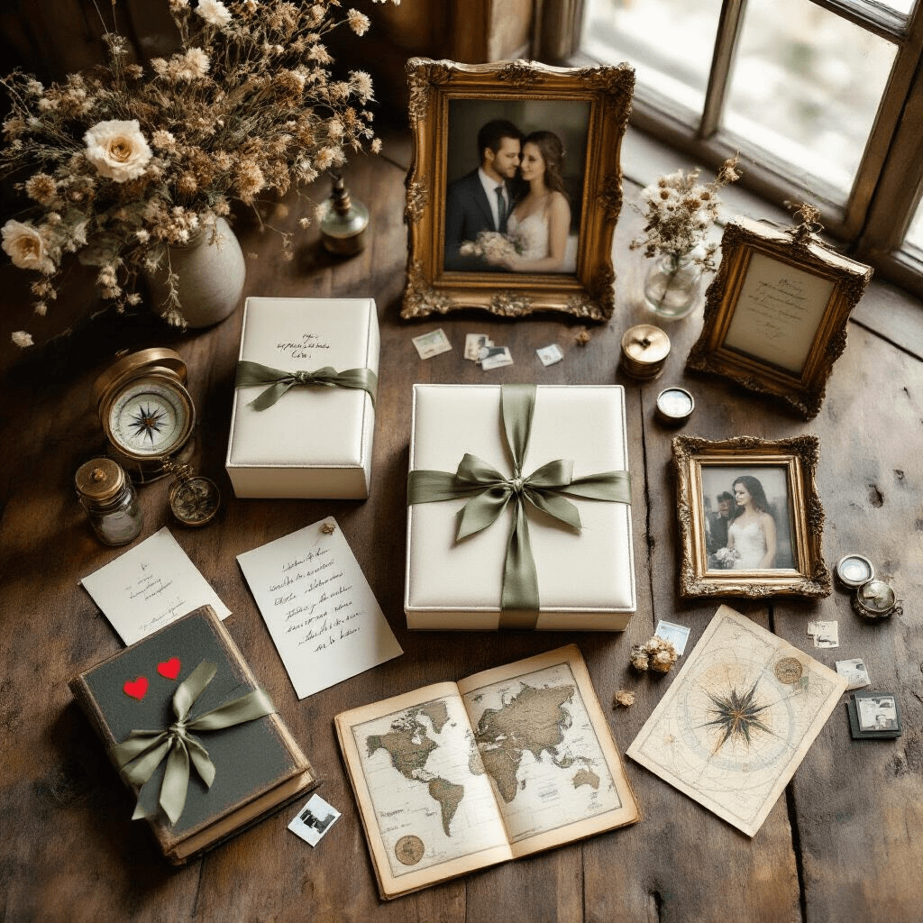 The Ultimate Guide to Couple Gifts That Actually Matter (And Won't End Up in a Drawer) An elegant overhead flat lay of a memory-keeping gift arrangement on rustic wood, featuring ivory leather memory boxes, vintage brass frames with couple portraits, handwritten letters tied with sage green ribbons, dried florals, gold-accented keepsakes, antique maps with heart markers, Polaroid photos, vintage books, and glass vessels with ticket stubs.