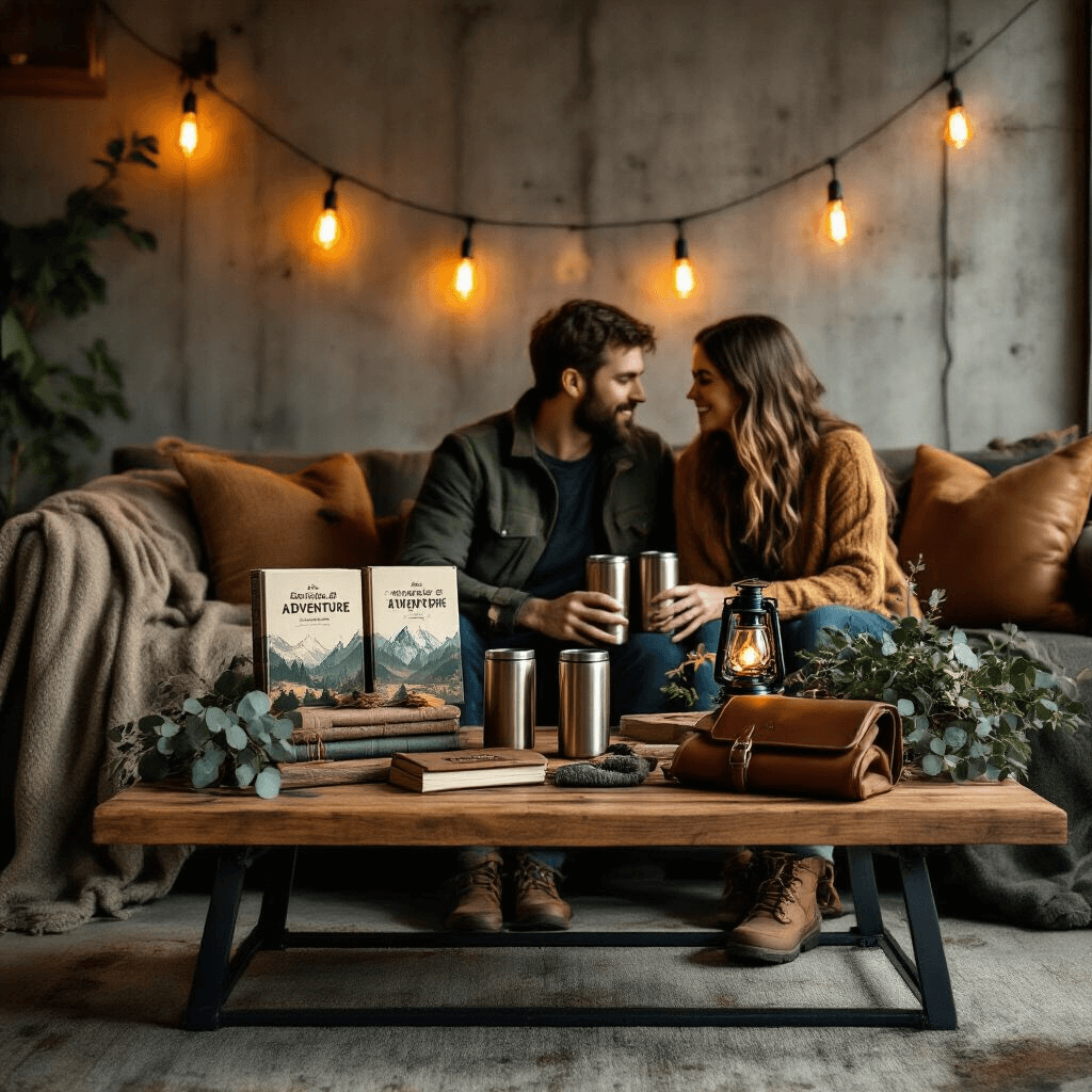 The Ultimate Guide to Couple Gifts That Actually Matter (And Won't End Up in a Drawer) A close-up of an adventure-themed gift display on a wooden coffee table, featuring scratch-off adventure books, matching travel tumblers, and hiking gear, illuminated by warm amber lighting from Edison bulb string lights, set against exposed concrete walls and layered with wool throws and leather journals.