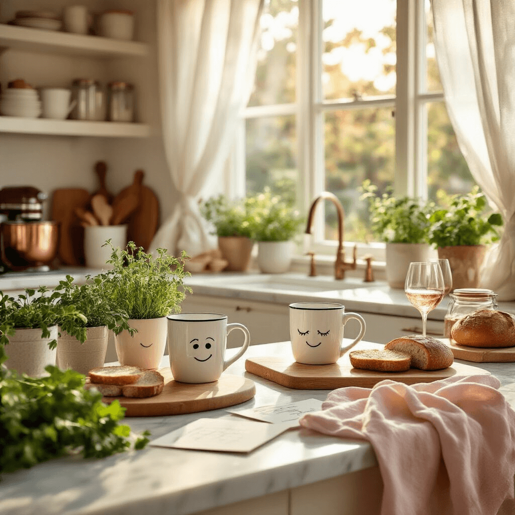 The Ultimate Guide to Couple Gifts That Actually Matter (And Won't End Up in a Drawer) A cozy kitchen breakfast nook bathed in golden hour light, featuring matching kissing mugs on a marble countertop, custom cutting boards with fresh ingredients, personalized wine glasses, ceramic planters with herbs, artisanal bread, and handwritten recipe cards, all styled with soft blush pink and cream linens against natural wood and white cabinetry, accented by copper cookware and glass storage jars.