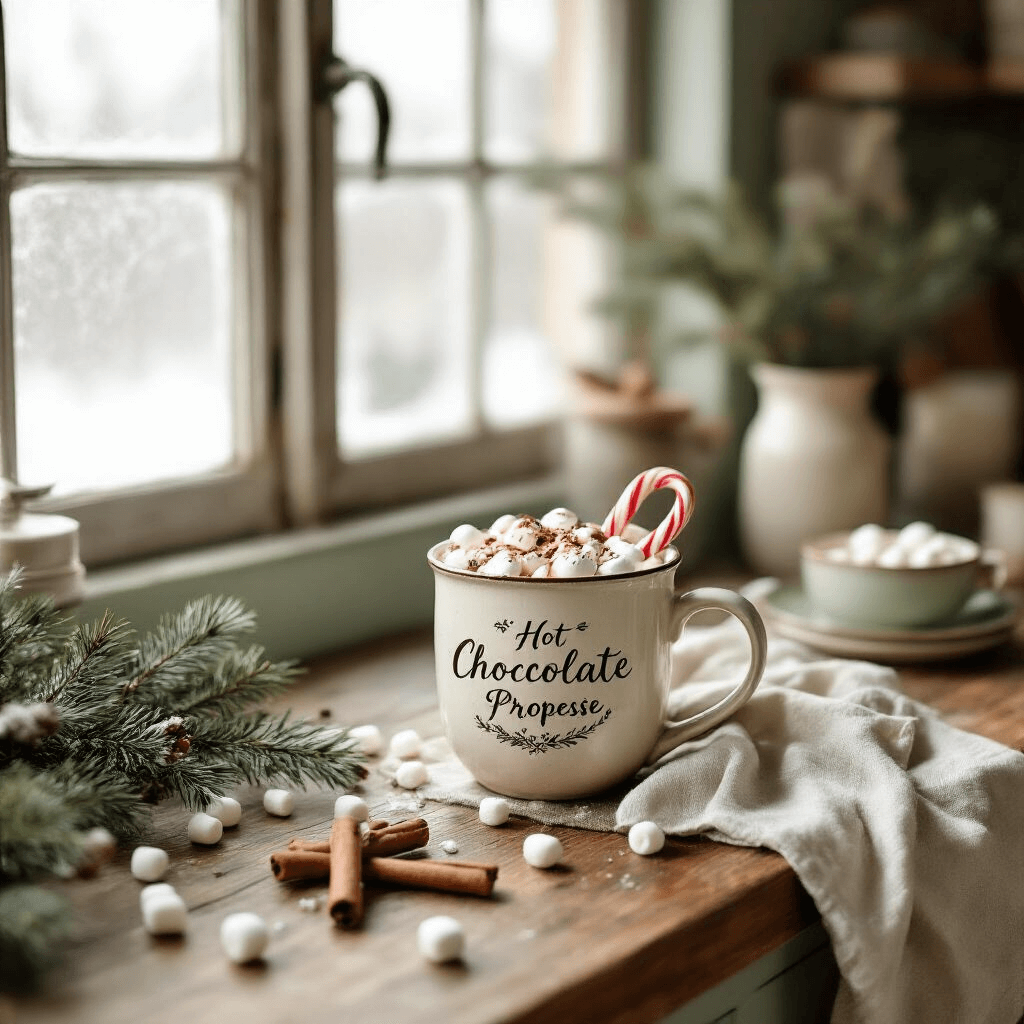 How to Plan the Perfect Winter Formal Proposal That Actually Works A rustic wooden kitchen counter featuring an artisan hot chocolate mug with a custom ceramic design, elegantly styled with winter proposal text, surrounded by arranged marshmallows and a candy cane. Soft morning light filters through frosted windows, highlighting a vintage linen towel in muted sage green and cream. Subtle winter botanical elements like pine sprigs and cinnamon sticks are included in the overhead flat lay composition.