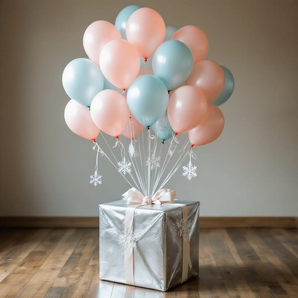 How to Plan the Perfect Winter Formal Proposal That Actually Works A large decorative box wrapped in metallic silver winter-themed paper is surrounded by rising helium balloons in blush pink and icy blue, with fluttering personalized message tags. The scene is set on a hardwood floor with soft natural lighting, casting a dreamy atmosphere. Intricate balloon ribbon styling and delicate winter-inspired miniature snowflake decorations enhance the composition in an overhead cinematic shot, capturing a moment of surprise and joy.