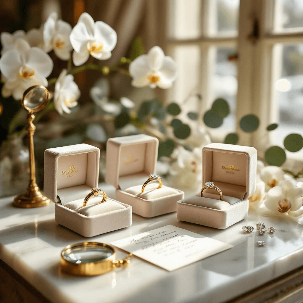 Why Your Gold Ring Choice Could Make or Break Your Wedding Day (And How I Learned This the Hard Way) Elegant indoor bridal boutique showcase with three gold wedding ring displays on a white marble countertop, illuminated by soft morning light. Features silk-lined ring boxes, vintage brass magnifying glasses, loose diamonds, and orchids framing the scene.