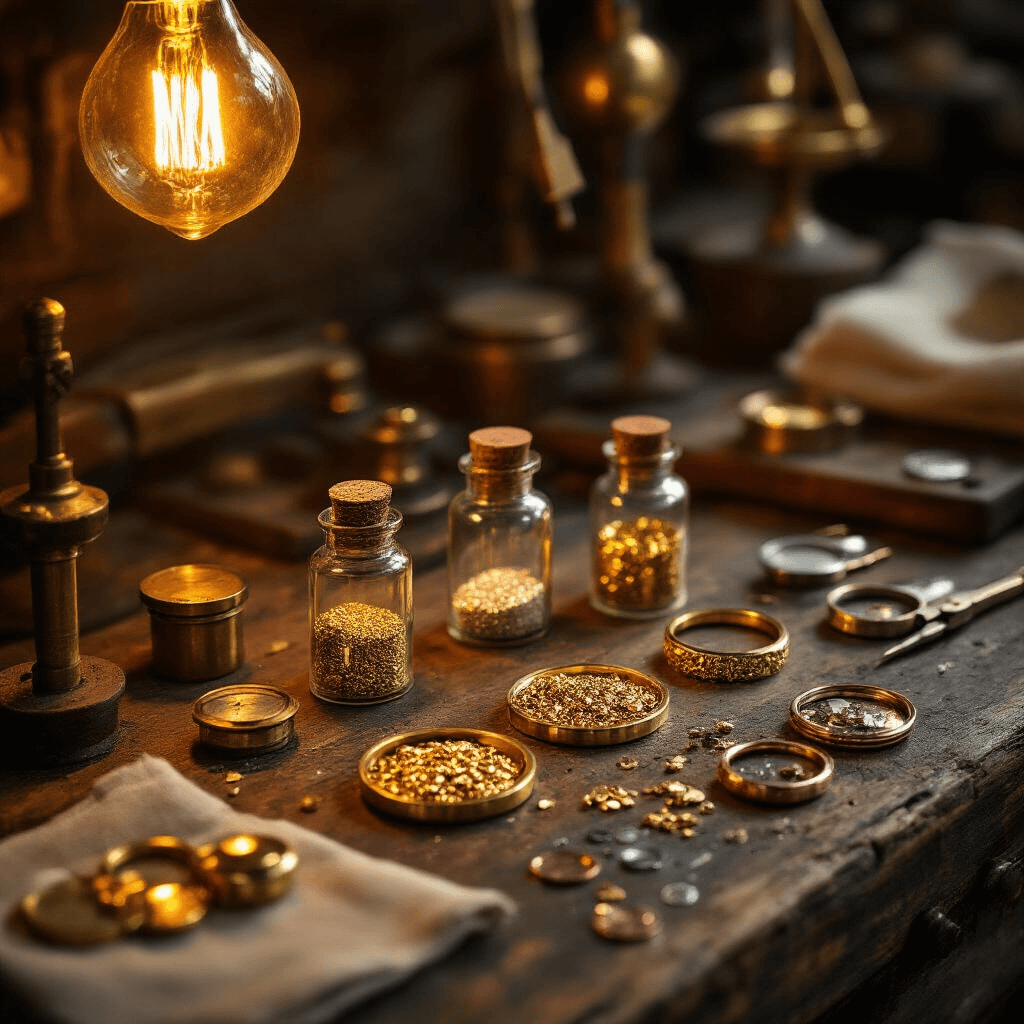 Why Your Gold Ring Choice Could Make or Break Your Wedding Day (And How I Learned This the Hard Way) Close-up detail of a rustic jeweler's workbench during golden hour, showcasing three gold alloy types, vintage tools, and ambient lighting that highlights textures of the materials and work environment.