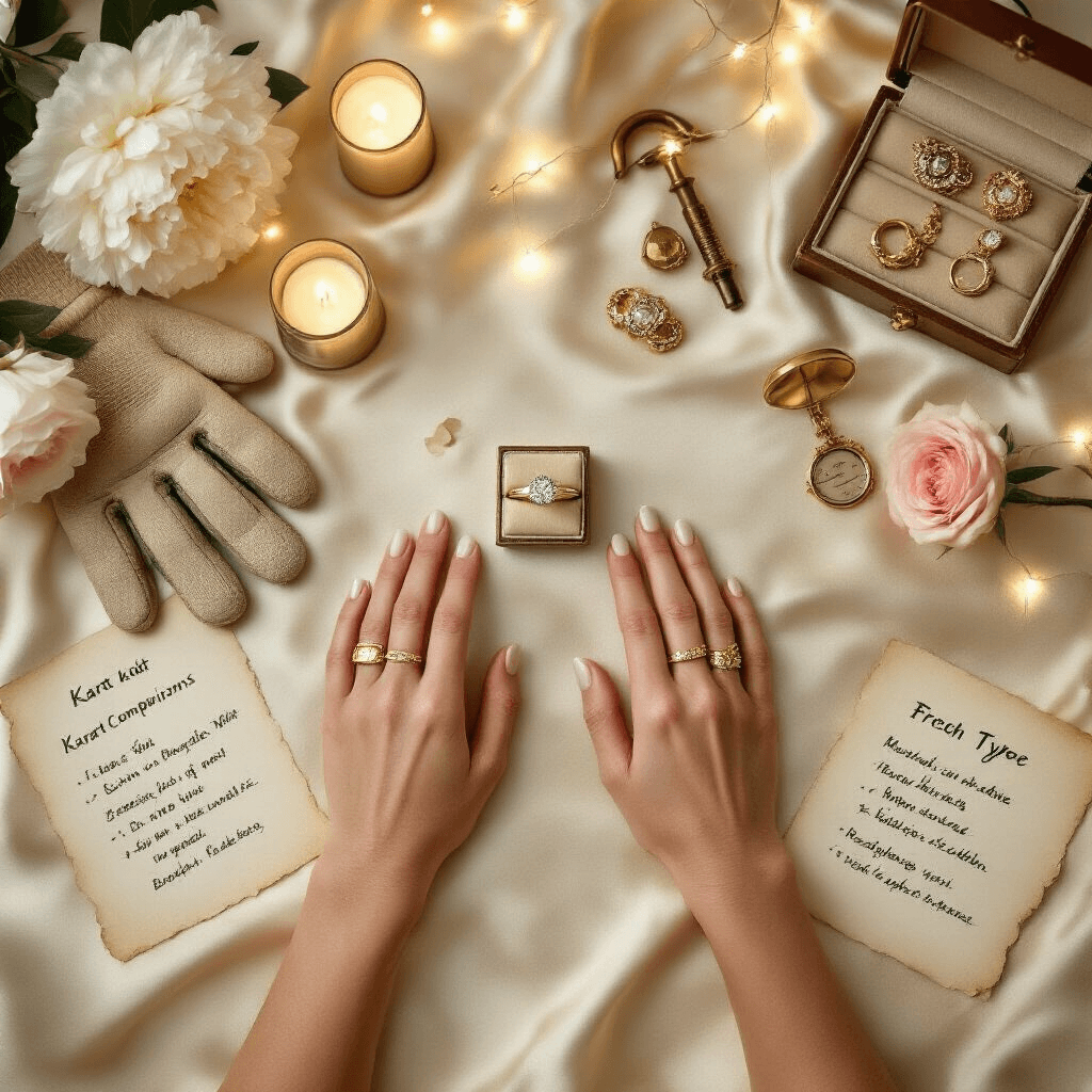 Why Your Gold Ring Choice Could Make or Break Your Wedding Day (And How I Learned This the Hard Way) Overhead flat lay of a ring comparison session on a silk tablecloth, featuring various gold rings, gym gloves, gardening tools, and elegant accessories, under soft candlelight and fairy lights. Includes handwritten notes on parchment, fresh peonies and roses, and vintage brass jewelry boxes.