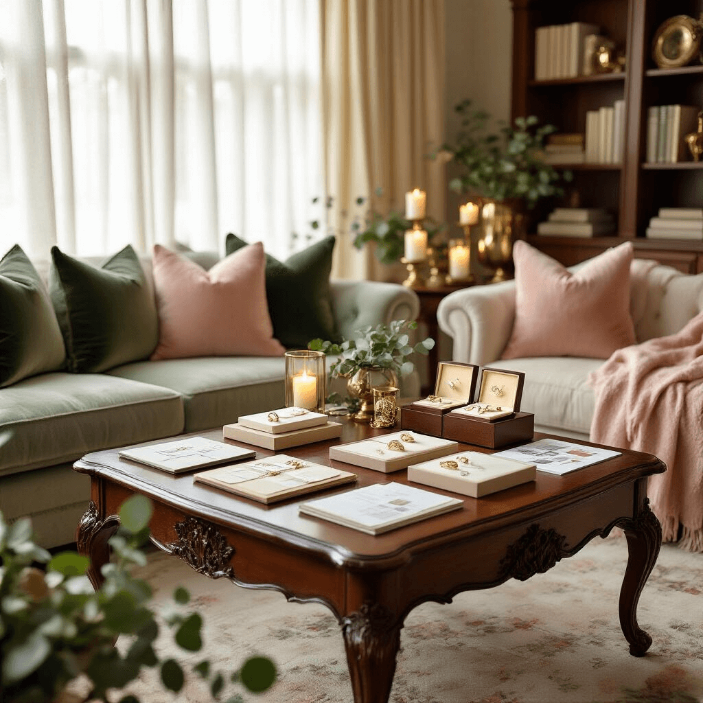Why Your Gold Ring Choice Could Make or Break Your Wedding Day (And How I Learned This the Hard Way) A cozy living room scene featuring a vintage mahogany coffee table with ring catalogs, fabric swatches, and illuminated jewelry displays, bathed in soft afternoon sunlight. The space includes plush cushions in sage green and blush pink, comparison charts, a vintage brass tea service, fresh eucalyptus garlands, and ambient pillar candles, all contributing to an intimate atmosphere for ring selection consultations.