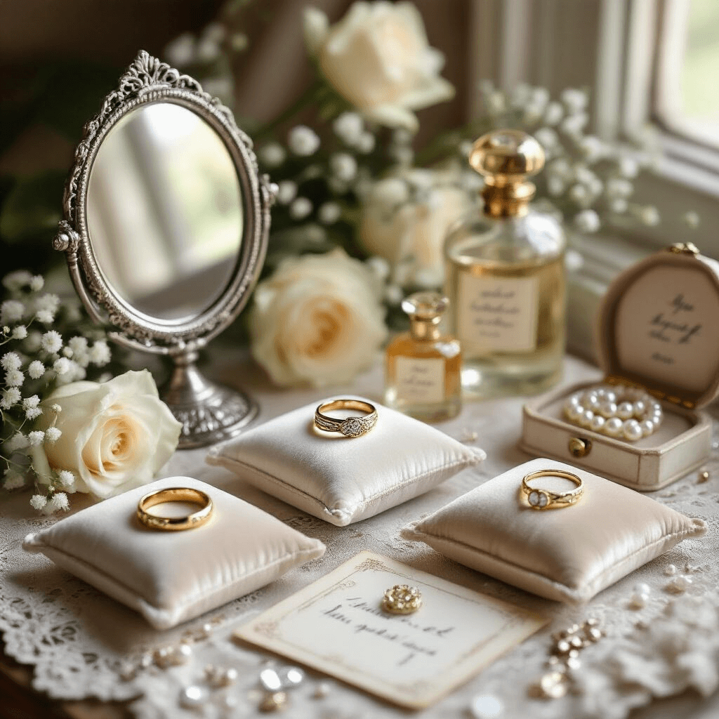 Why Your Gold Ring Choice Could Make or Break Your Wedding Day (And How I Learned This the Hard Way) Detail shot of an elegant vanity with an antique silver hand mirror, three gold rings on silk pillows, vintage perfume bottles, pearl jewelry, handwritten care cards, fresh white roses, and scattered diamonds, all illuminated by soft morning light.