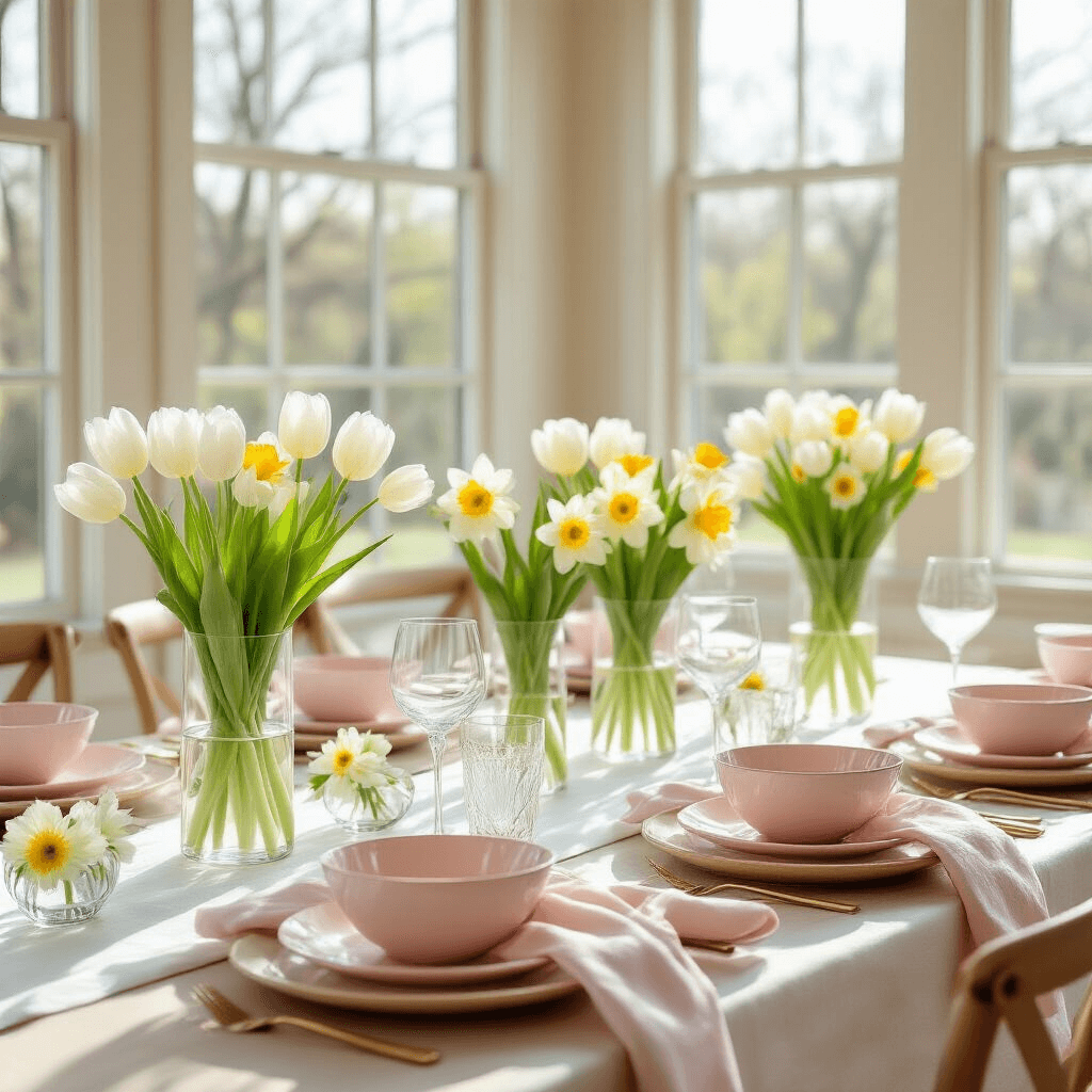 Creating Stunning Tablescapes That Will Make Your Guests Never Want to Leave Elegant spring tablescape in a sunlit dining room, featuring a round table with white linen runner, pale pink dinnerware, white tulips, yellow daffodils, blush napkins, and gold-rimmed glassware, framed by natural wood chairs and soft morning light.