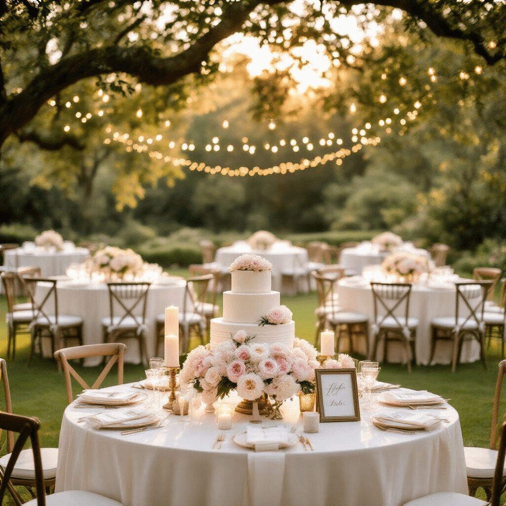 The Timeless Appeal of Classy Simple Wedding Dresses: Why Less Really Is More Elegant garden wedding ceremony during golden hour, featuring round tables with white silk linens, blush pink peonies and white roses in crystal centerpieces, chiavari chairs with ivory ribbons, string lights in tree branches, a three-tier minimalist cake, brass candlesticks with candles, and calligraphy signage, all set in a beautifully manicured lawn with soft natural sunlight filtering through leaves.