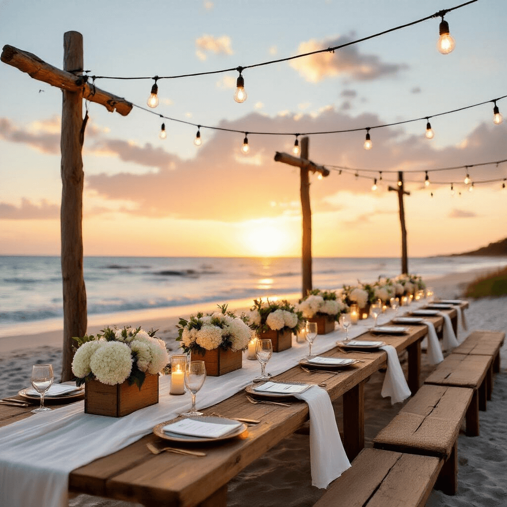 The Timeless Appeal of Classy Simple Wedding Dresses: Why Less Really Is More Intimate beachfront wedding reception at sunset with wooden farm tables, white linen runners, low hydrangea and eucalyptus arrangements, Edison bulb lights, jute placemats, warm candlelight, ivory rose petals, and personalized menu cards, captured in an overhead drone shot.