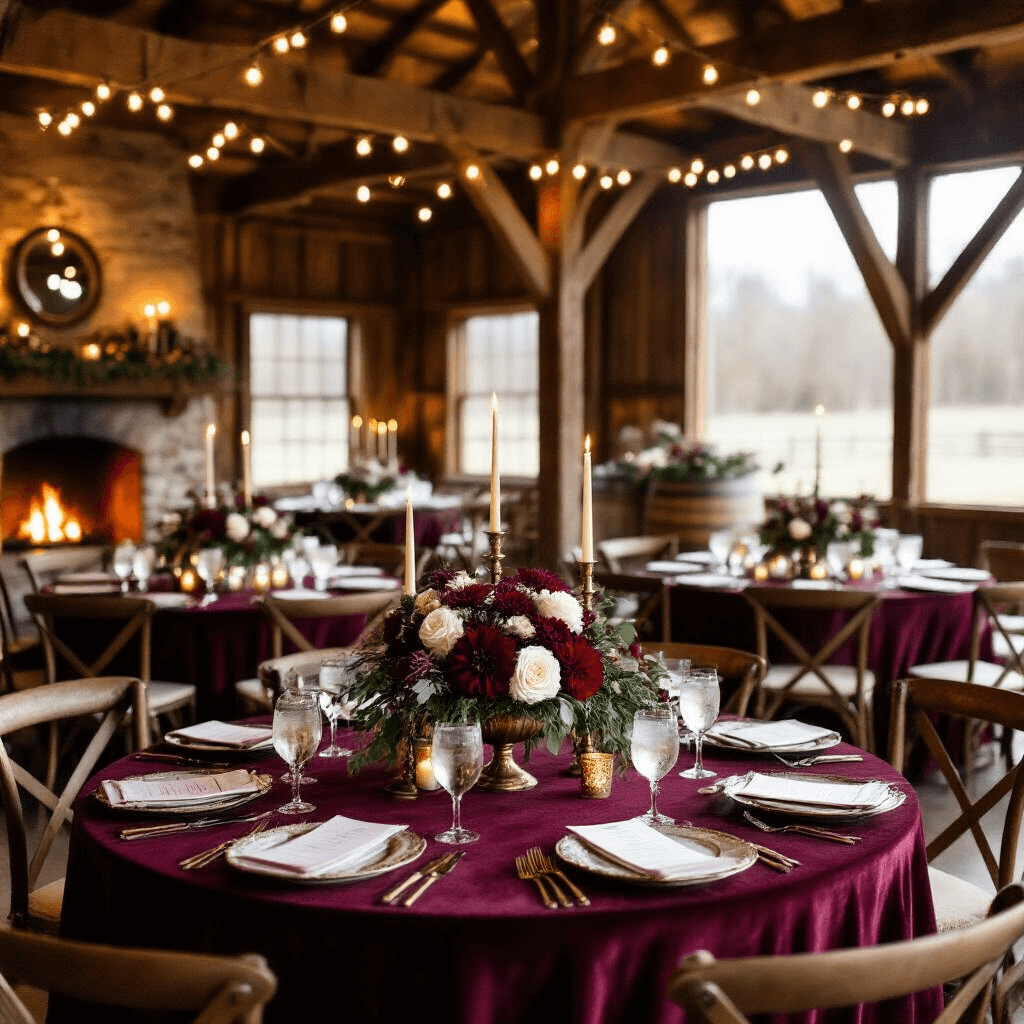 The Timeless Appeal of Classy Simple Wedding Dresses: Why Less Really Is More Cozy indoor winter wedding in a rustic barn, featuring round tables with burgundy velvet linens, tall brass candlesticks, floral centerpieces of deep red dahlias and white roses, mismatched vintage china, and warm ambient lighting from string lights. A stone fireplace crackles in the background, with a wooden whiskey barrel as a gift table and a handwritten seating chart on a vintage mirror, all bathed in a golden hour glow.
