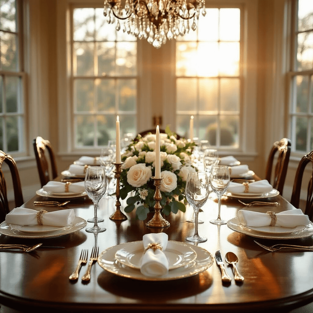 Transform Your Dining Experience with Perfect Place Settings That Actually Wow Your Guests Wide-angle shot of an elegant indoor dining room at golden hour, showcasing a mahogany table with white porcelain plates on silk ivory placemats, polished silver flatware, crystal wine glasses, folded linen napkins, gold charger plates, and a low arrangement of white roses and eucalyptus, flanked by brass candlesticks. A crystal chandelier casts soft shadows in the luxurious atmosphere.