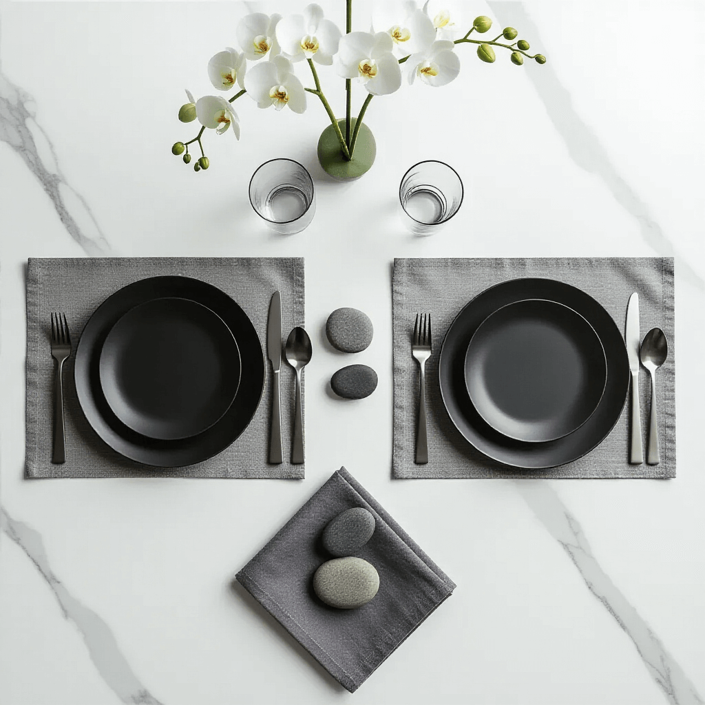 Transform Your Dining Experience with Perfect Place Settings That Actually Wow Your Guests A modern minimalist table setting on a white marble surface featuring black matte dinner plates, gray linen placemats, brushed stainless steel flatware, clear glass tumblers, folded charcoal gray napkins, and a zen-like centerpiece with a white orchid and river stones, all under soft morning light.