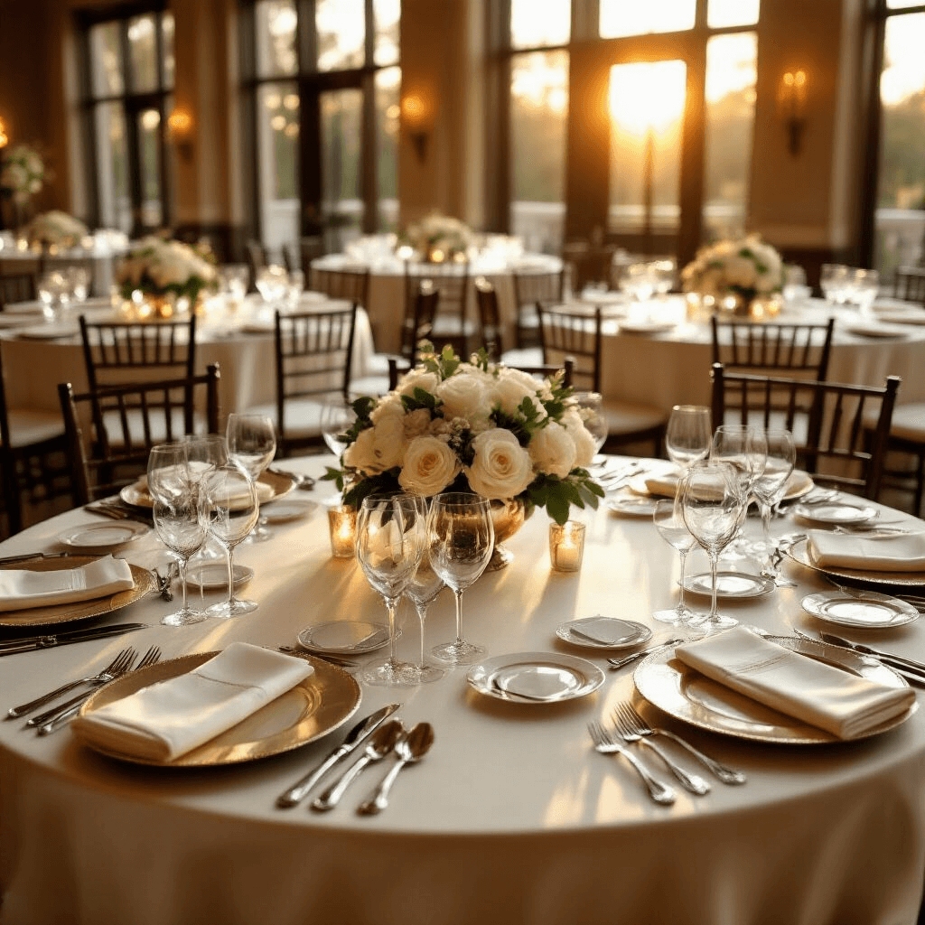 The Complete Guide to Perfect Place Settings That Will Transform Your Dining Experience Elegant indoor ballroom at golden hour with round tables draped in silk ivory linens, featuring formal place settings of charger plates, silverware, crystal wine glasses, and ivory napkins in silver rings. Fresh white roses and eucalyptus centerpieces are illuminated by warm amber lighting through tall windows, with mahogany chiavari chairs and a polished marble floor reflecting the ambiance. Symmetrically arranged place settings are precisely aligned with 8-inch spacing.