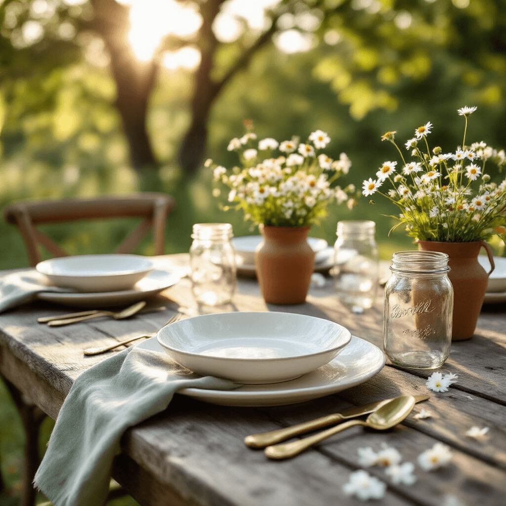 The Complete Guide to Perfect Place Settings That Will Transform Your Dining Experience Close-up of a rustic wooden garden table set with white ceramic plates, vintage brass flatware, sage green linen napkins, and mason jar glasses. Small wildflower bouquets in terracotta vessels serve as centerpieces, surrounded by scattered flower petals, all illuminated by soft morning light.