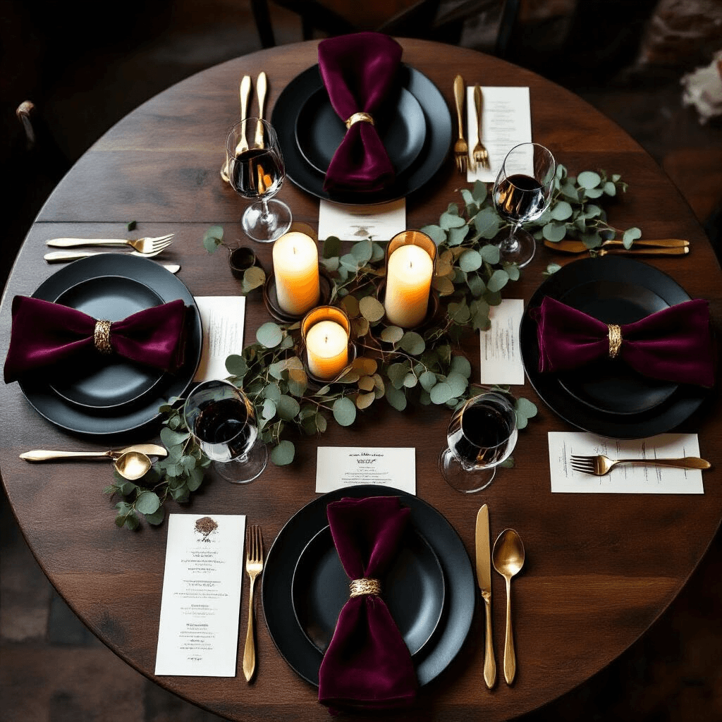 The Complete Guide to Perfect Place Settings That Will Transform Your Dining Experience Overhead view of an intimate candlelit dining nook featuring a dark walnut table set with matte black dinner plates, gold flatware, deep burgundy velvet napkins, and wine glasses. Pillar candles of varying heights cast warm light, while fresh eucalyptus garlands and individual menu cards enhance the sophisticated atmosphere.